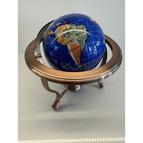 VINTAGE LAPIS LAZULI WORLD GLOBE DESK TABLE TOP GEMSTONES COPPER STAND COMPASS - Picture 3 of 16